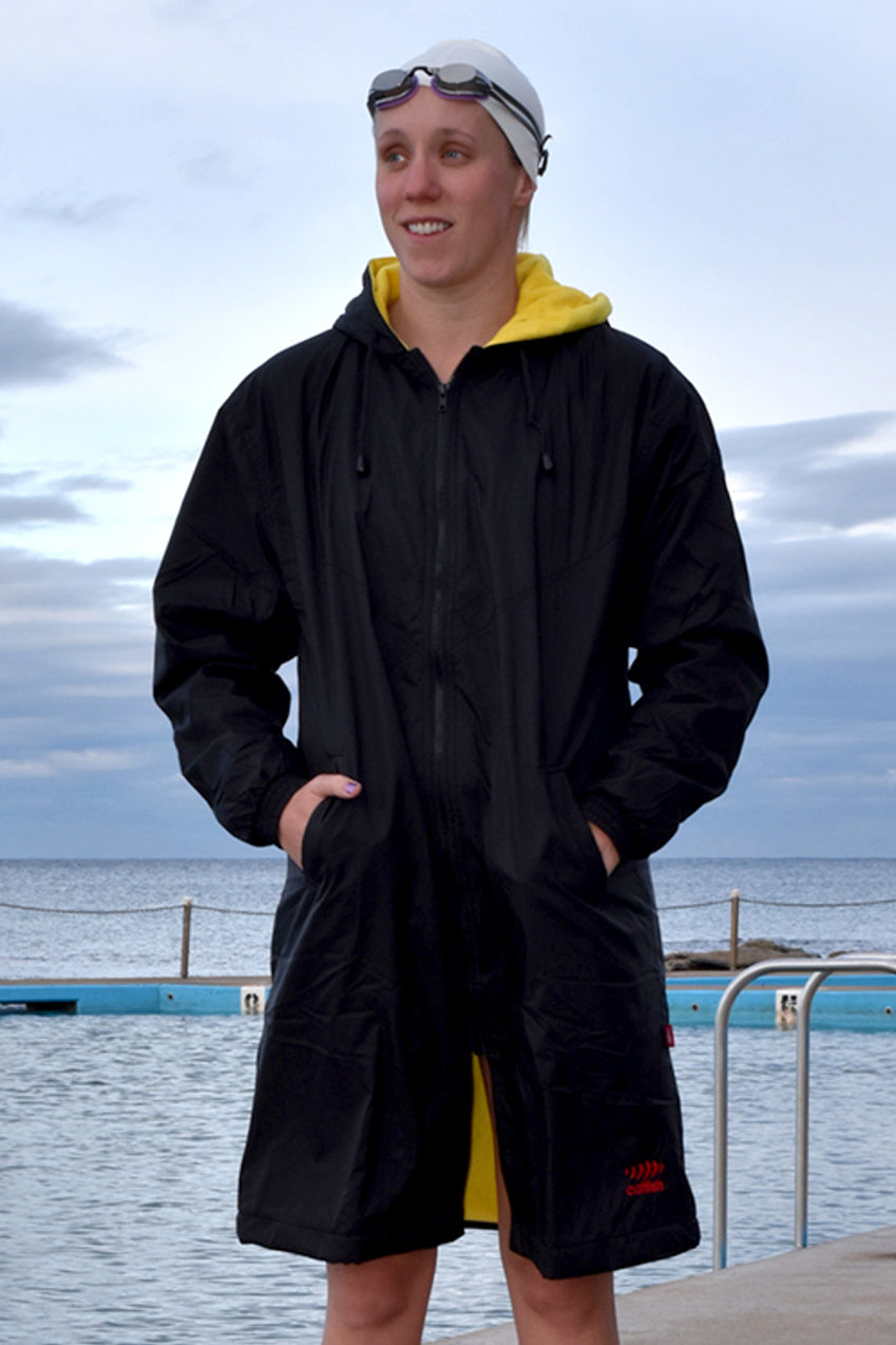 Long line jacket, in black and yellow, polar fleece lined, waterproof outer, zip through front